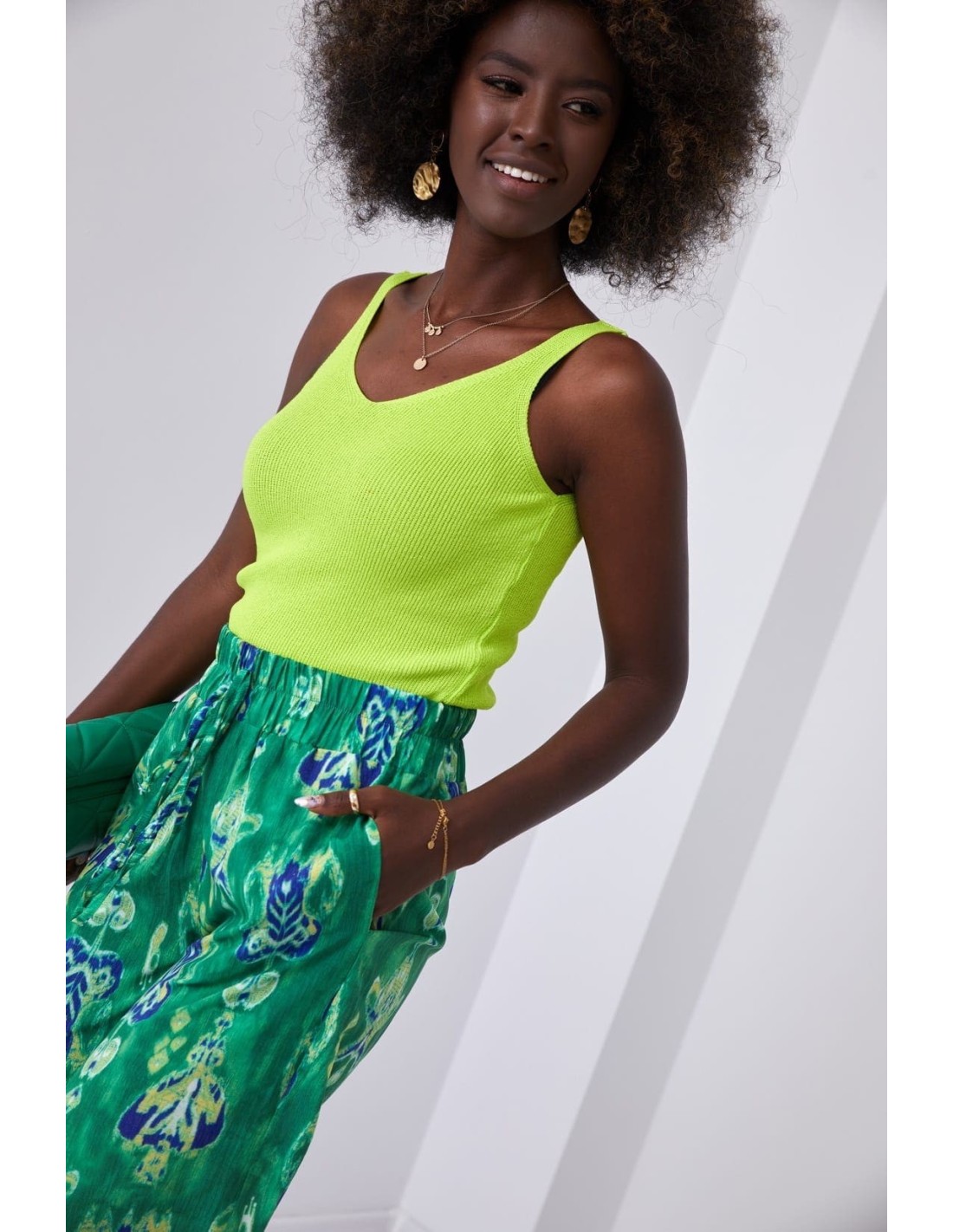 Short knitted blouse with straps, lime MP32858 - Online store - Boutique